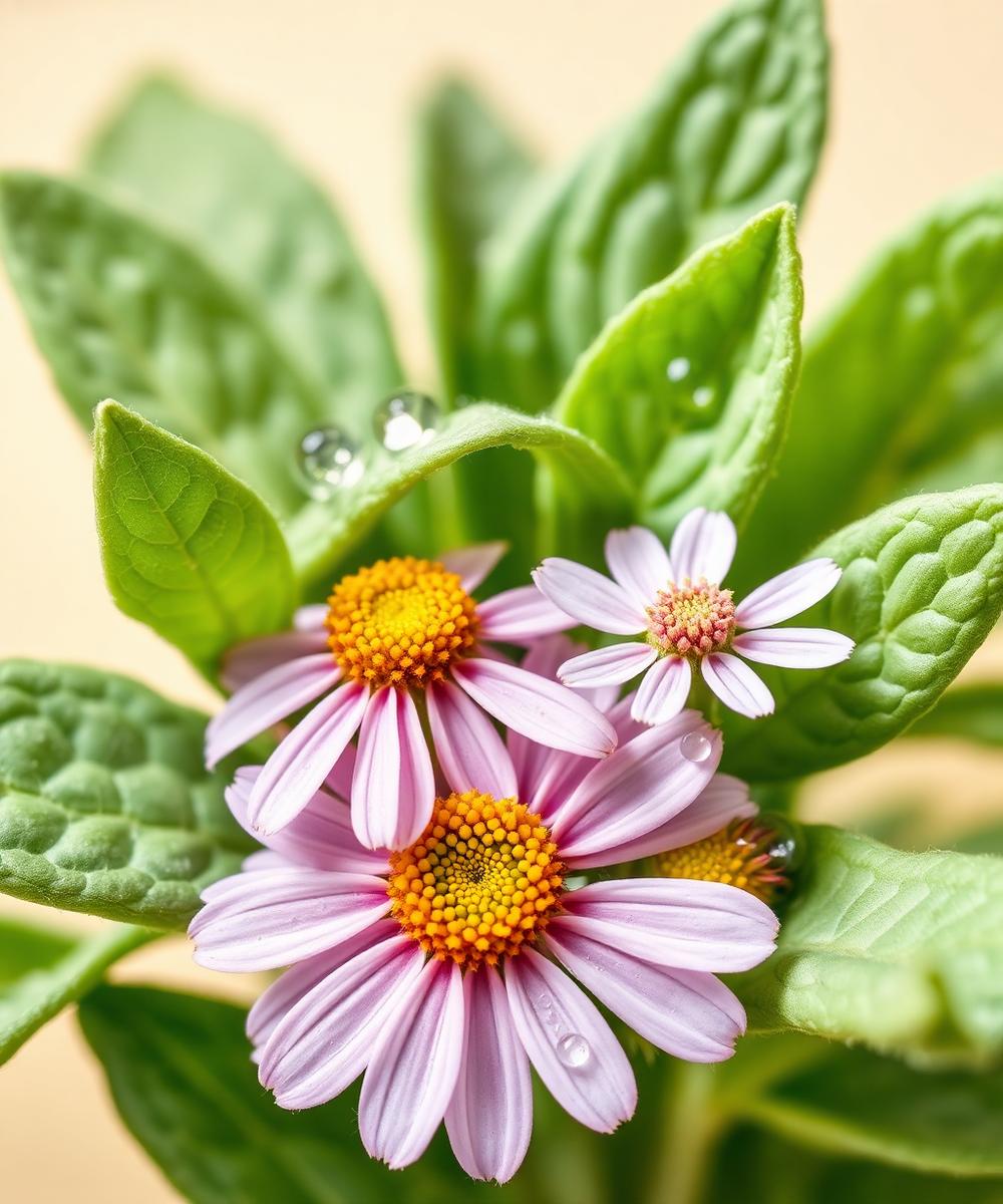 Fresh sage leaves and arnica flowers covered in water droplets